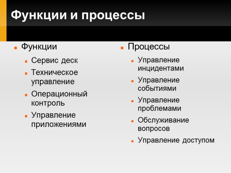 Функции и процессы Функции Сервис деск Техническое управление Операционный контроль Управление приложениями  Процессы